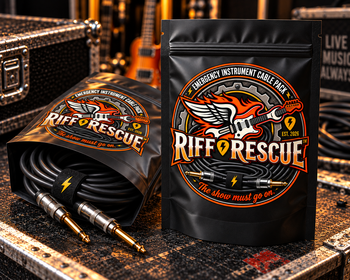 The Emergency Instrument Cable Pack resealable black mylar pouch standing on a road case beside the coiled 6 ft cable with gold-tip 1/4-inch jacks and a lightning-bolt velcro tie.