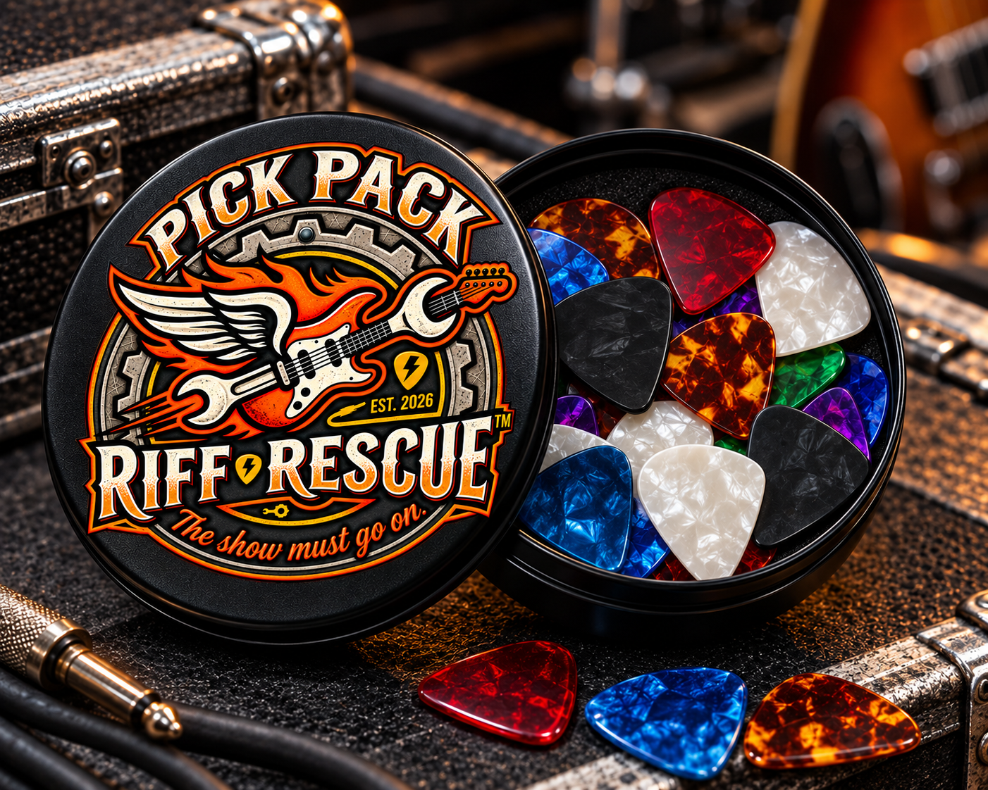 The Riff Rescue Pick Pack tin open on a road case, filled with multicolor professional guitar picks in pearl and tortoiseshell finishes.