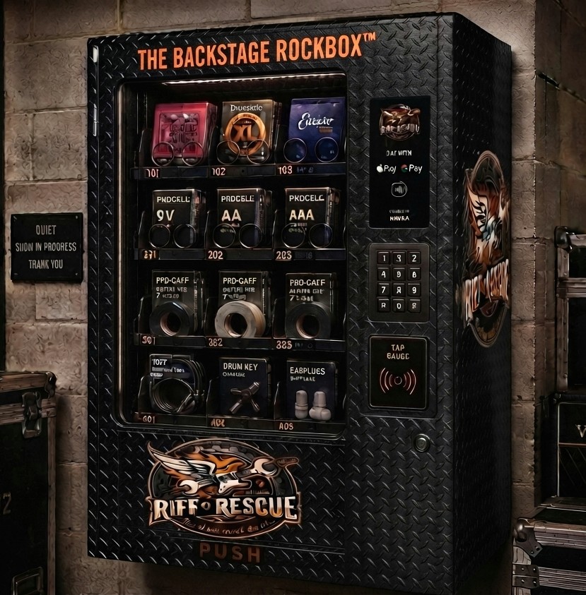 The Backstage Rockbox in a blacked-out diamond-plate finish with orange accents, wall-mounted beside road cases backstage.