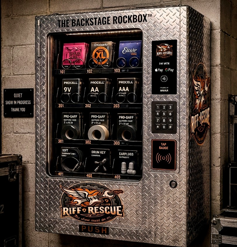 The Backstage Rockbox automated stage-supply unit in a brushed diamond-plate finish, stocked with strings, batteries, gaff tape, cables, drum keys, and earplugs.