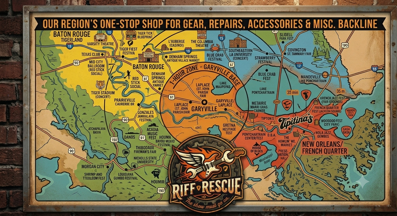 Illustrated map of the Riff Rescue service region across Southeast Louisiana, from Baton Rouge to the New Orleans French Quarter.