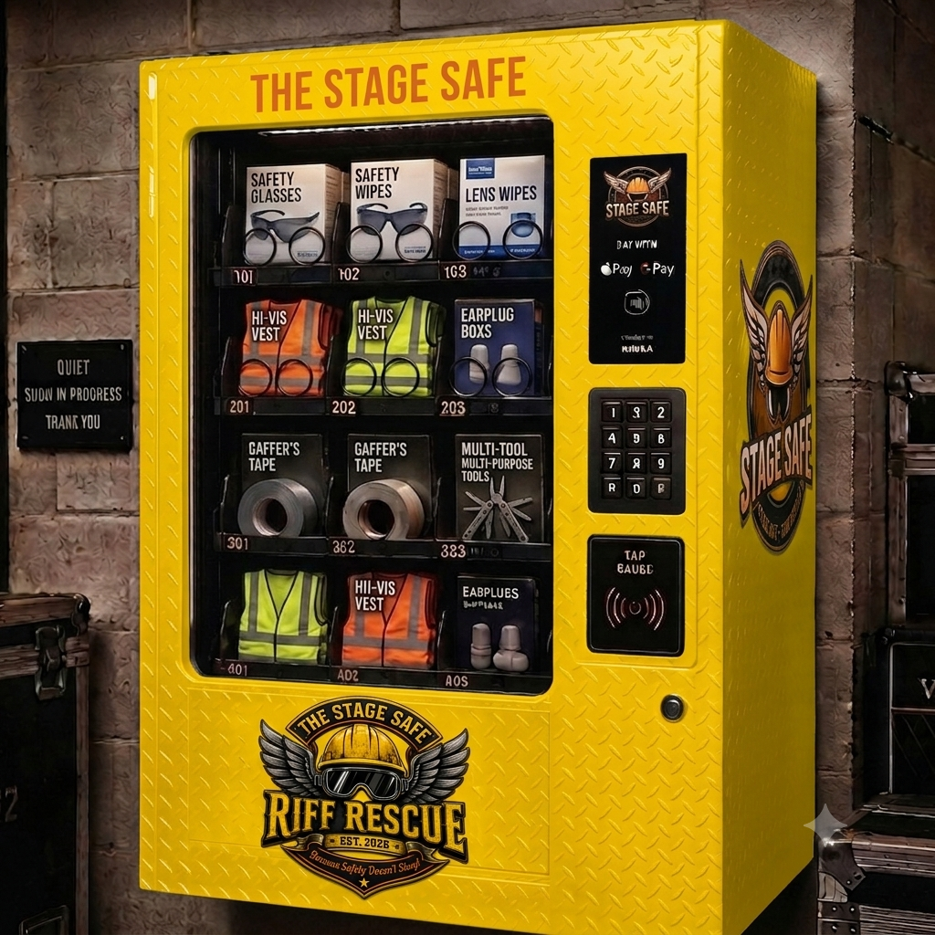 The Stage Safe automated safety-supply unit in a hazard-yellow diamond-plate finish, stocked with safety glasses, lens wipes, hi-vis vests, earplugs, gaffer's tape, and multi-tools.