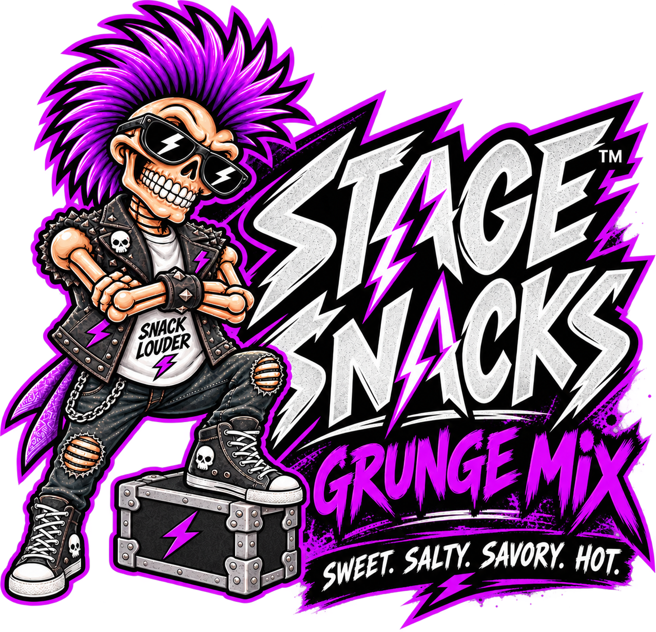 Stage Snacks Grunge Mix logo — a purple-mohawk skeleton mascot.