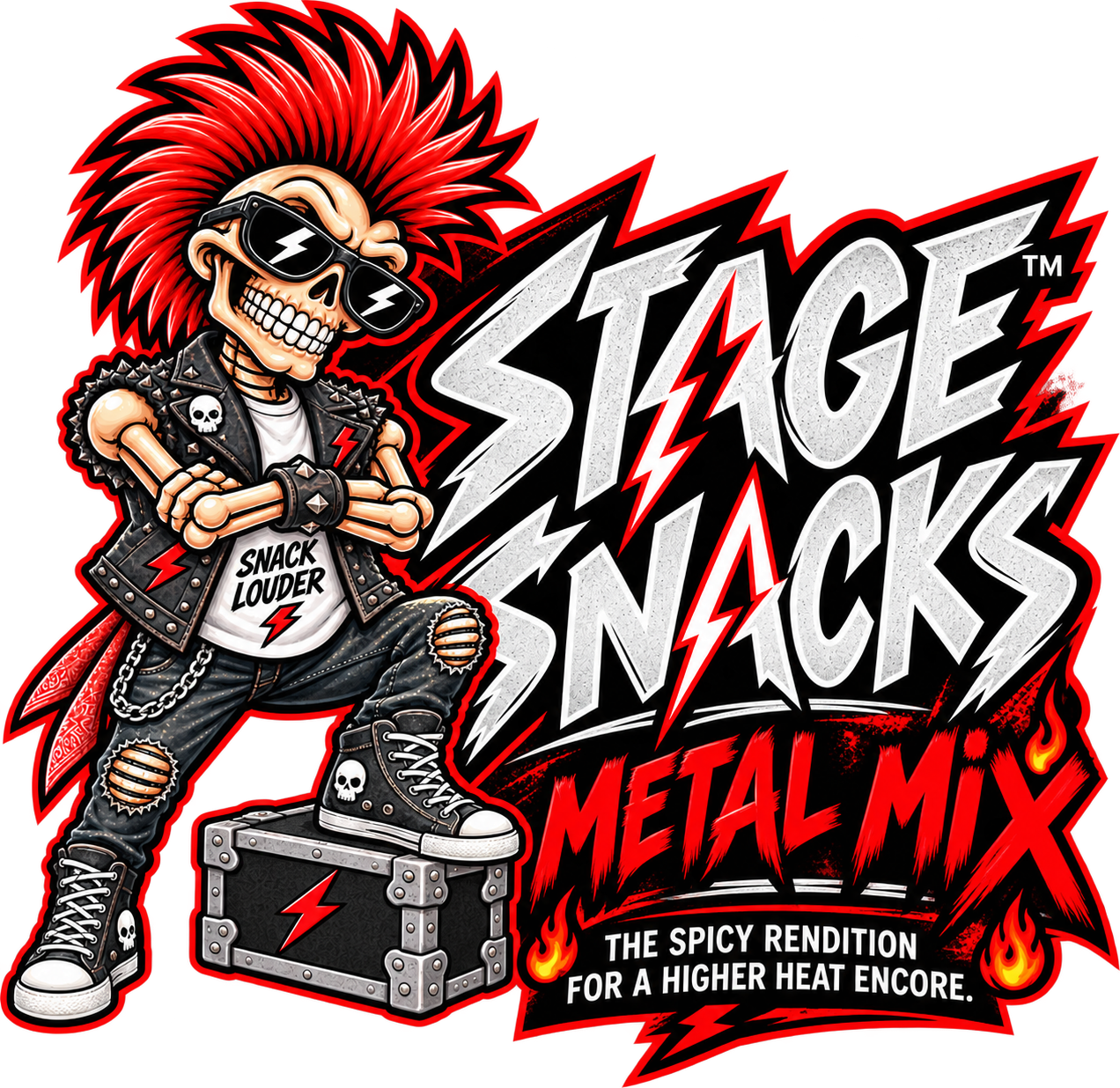 Stage Snacks Metal Mix logo — a red-mohawk skeleton mascot with flames.