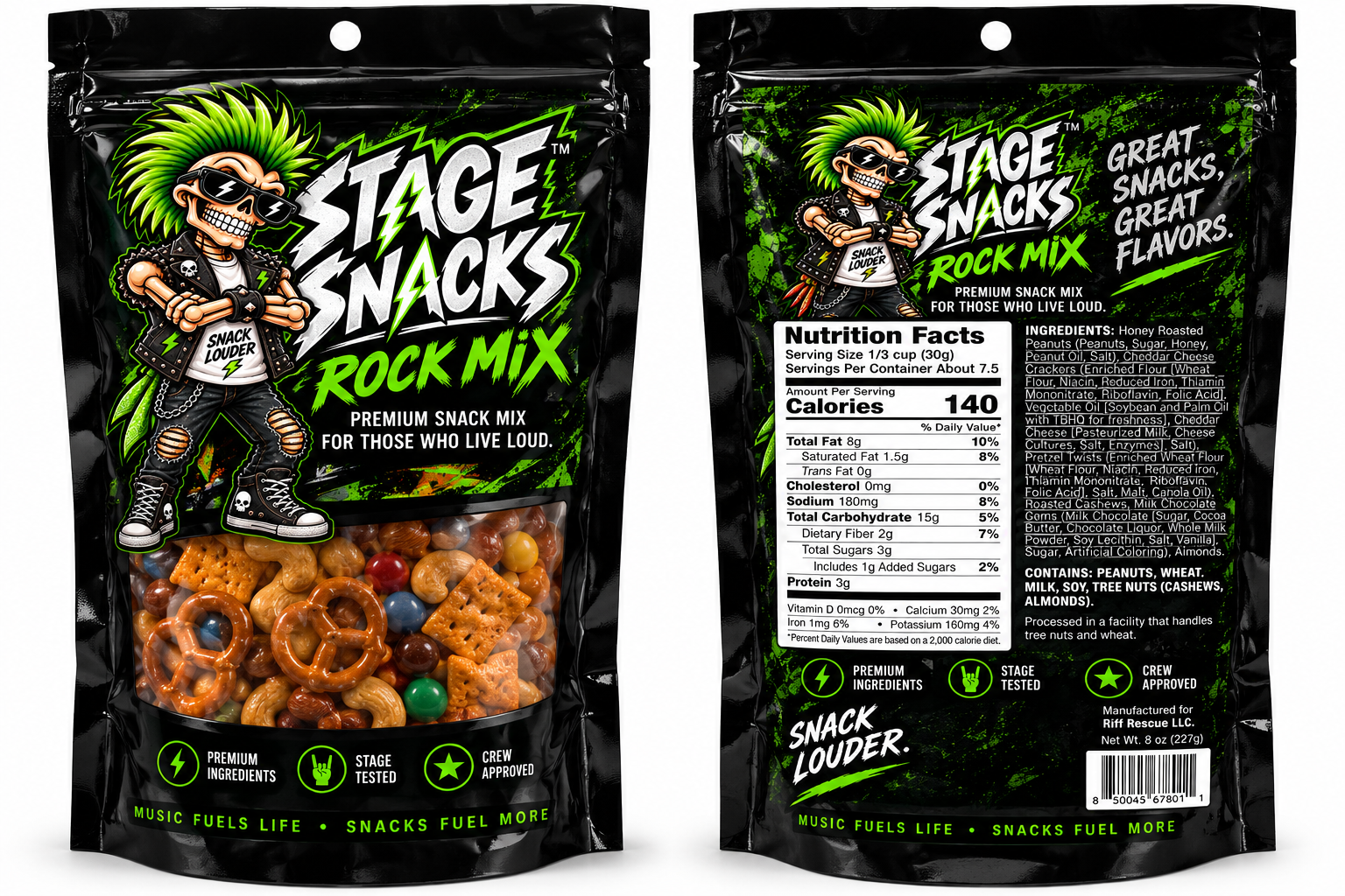 Front and back of the Stage Snacks Rock Mix bag, showing the premium snack mix and the full nutrition panel — manufactured for Riff Rescue LLC, net weight 8 oz.