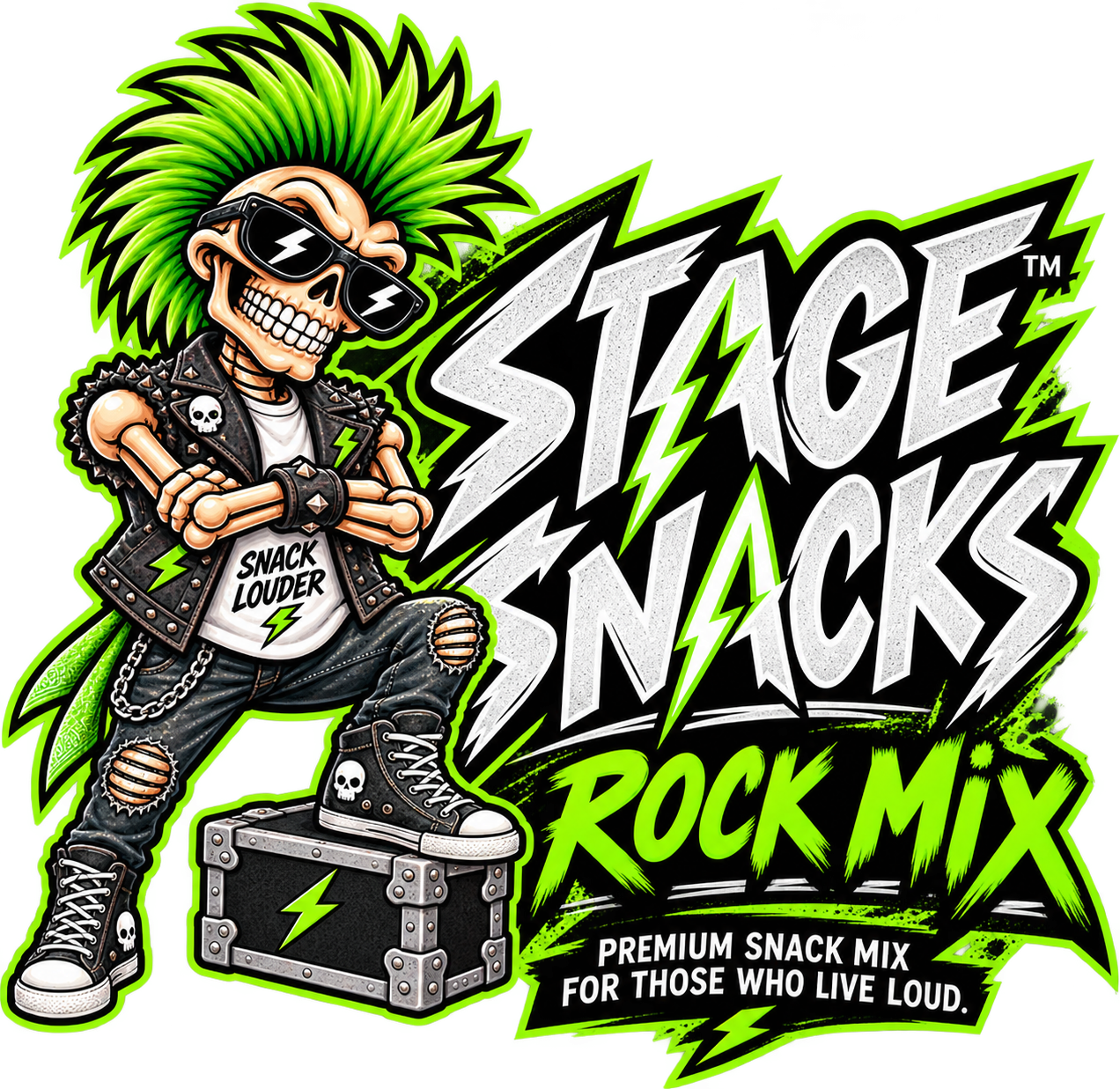 Stage Snacks Rock Mix logo — a green-mohawk skeleton mascot leaning on a road case.