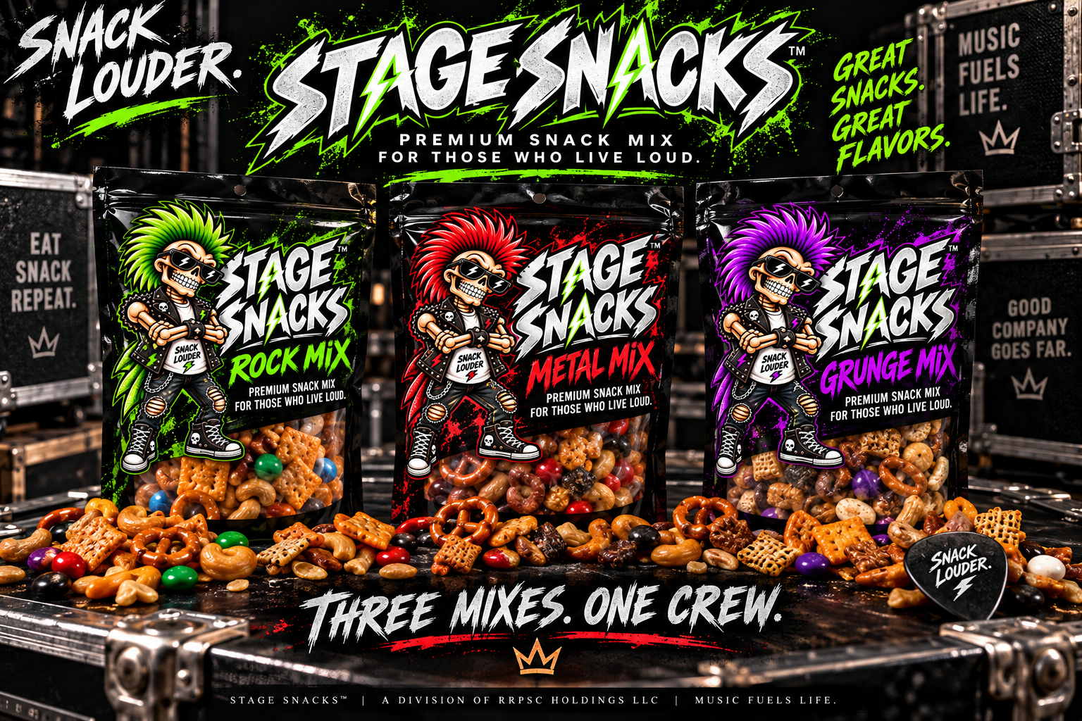 The Stage Snacks lineup on a backstage road case — Rock Mix, Metal Mix, and Grunge Mix bags spilling snack mix across the case lid. Snack Louder. Three Mixes. One Crew.